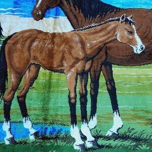 Vintage Made in Italy Woven Wall Tapestry of Horses in a Landscape - Rustic Boho